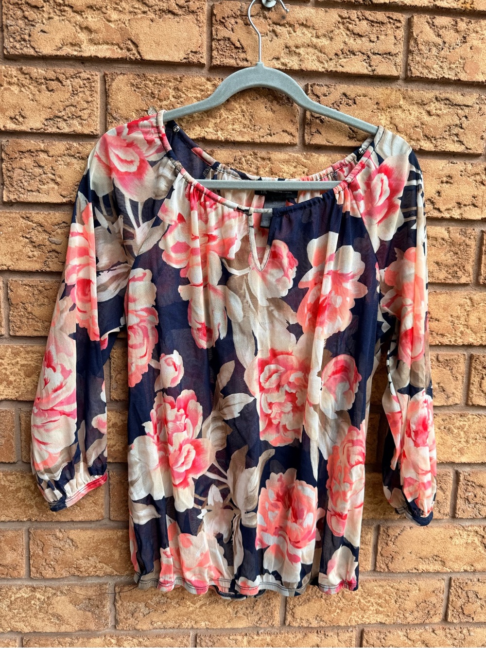 4/$25 • INC International Concepts Navy & Pink Floral Sheer 3/4 Sleeve Blouse